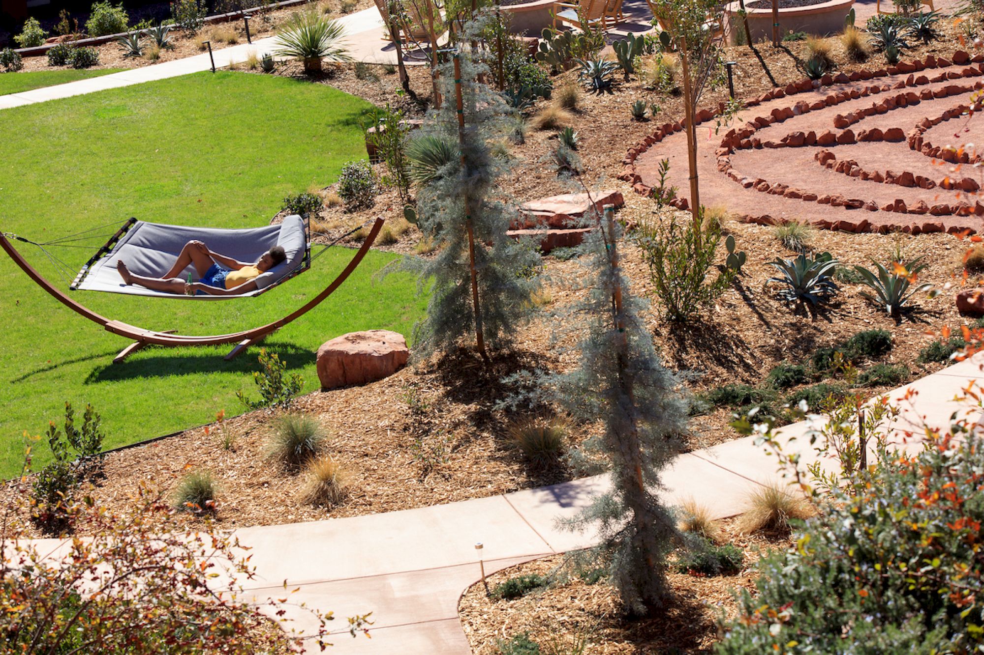 A person is relaxing in a hammock in a landscaped garden with pathways, greenery, and a stone arrangement.