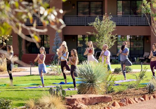 A group of people is practicing yoga outdoors on a sunny day, performing tree poses on yoga mats on a grassy area with a building in the background.