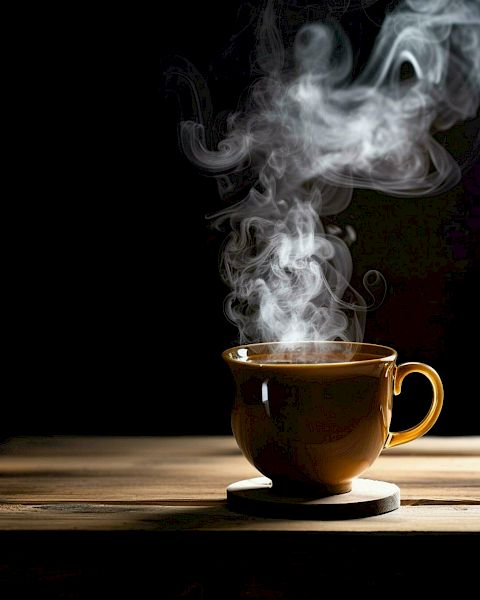 A steaming cup of coffee sits on a wooden table, with steam rising elegantly against a dark background.