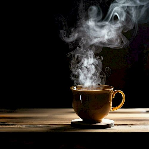 A steaming cup of coffee sits on a wooden table, with steam rising elegantly against a dark background.