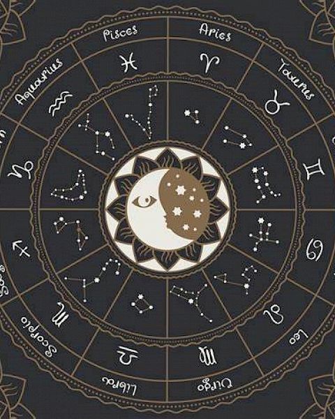 The image shows a circular zodiac chart with all twelve zodiac signs, constellations, and a sun-moon illustration in the center, surrounded by decorative details.