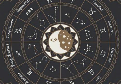 The image shows a circular zodiac chart with all twelve zodiac signs, constellations, and a sun-moon illustration in the center, surrounded by decorative details.