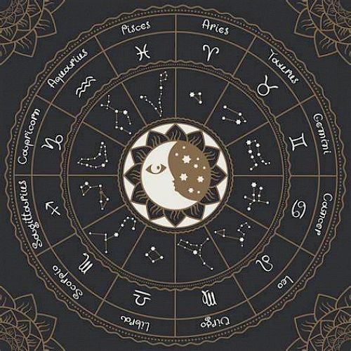 The image shows a circular zodiac chart with all twelve zodiac signs, constellations, and a sun-moon illustration in the center, surrounded by decorative details.