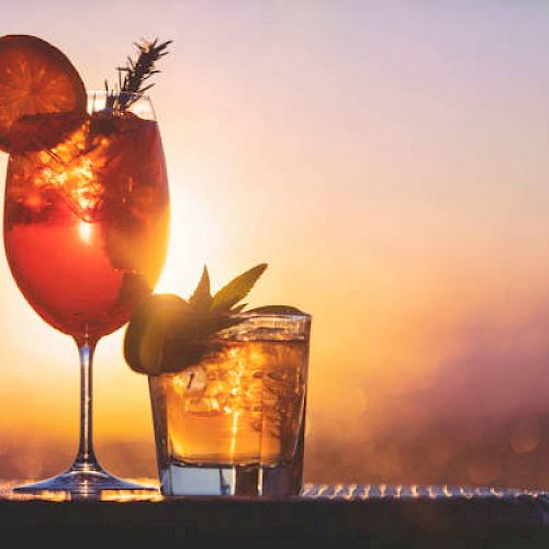 Two cocktails with ice and citrus garnishes, set against a vibrant sunset background.