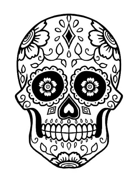 The image shows a black and white sugar skull design with floral and geometric patterns, often associated with Day of the Dead traditions.