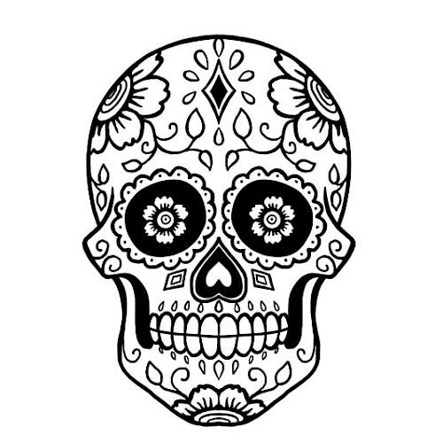 The image shows a black and white sugar skull design with floral and geometric patterns, often associated with Day of the Dead traditions.