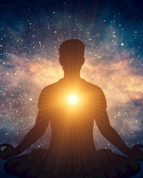 A silhouette of a person meditating with a glowing light at the heart, surrounded by a cosmic, starry background.