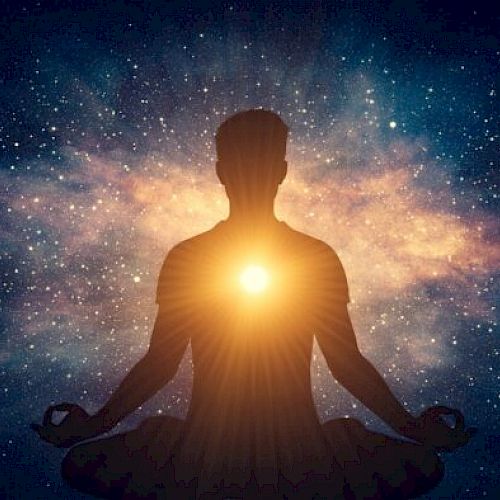 A silhouette of a person meditating with a glowing light at the heart, surrounded by a cosmic, starry background.